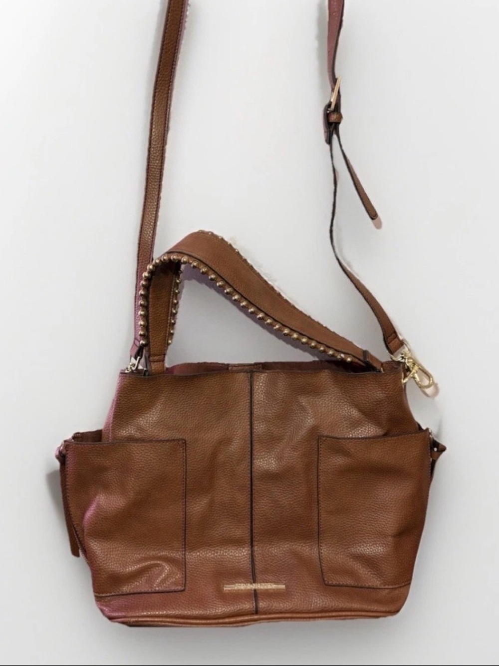 Steve Madden Cognac Brown Pebbled Leather Studded Strap Hobo Bag Purse